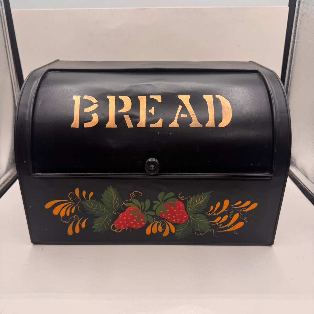 Nesco Metal Roll Top Bread Box Black Hand Toleware Painted Strawberry Floral USA